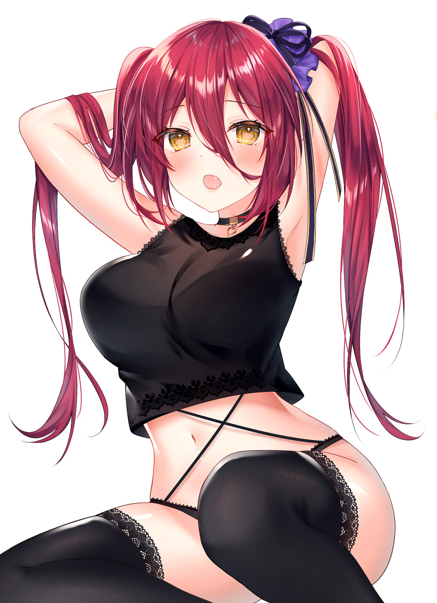 1girl :o armpits arms_up black_thighhighs blush breasts commentary_request fang hair_between_eyes hair_ornament tucking_hair haruhitooo heart heart-shaped_pupils highres large_breasts long_hair navel original red_hair simple_background skin_fang solo symbol-shaped_pupils thighhighs twintails white_background yellow_eyes