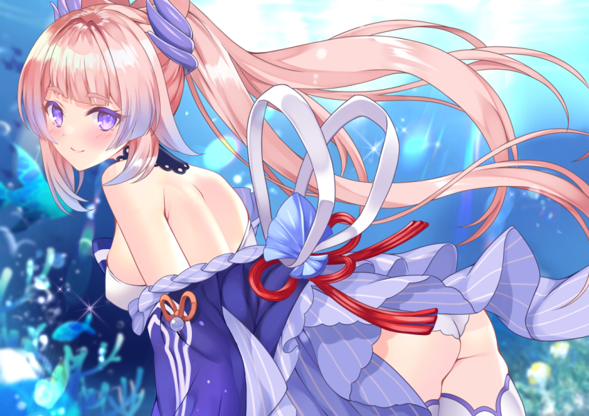 1girl ass babydoll bare_shoulders bow-shaped_hair breasts closed_mouth floating_hair frilled_babydoll genshin_impact head_wings long_hair medium_breasts off_shoulder pink_hair purple_eyes roroa_(jwhk7878) sangonomiya_kokomi smile solo thighhighs white_thighhighs wings