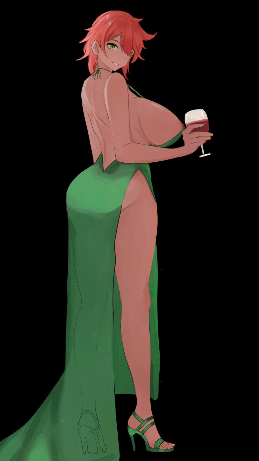 1girl alcohol areola_slip ass backless_outfit breasts cup dark-skinned_female dark_skin dress drinking_glass evening_gown feet green_dress green_eyes hainomajoeraina hair_between_eyes hair_over_one_eye high_heels huge_ass huge_breasts looking_at_viewer lyra(itsnafulol) red_hair short_hair sideboob smile thick_thighs thighs tomboy wine wine_glass