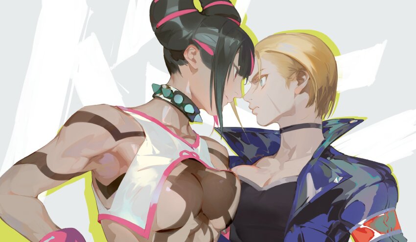 2girls black_choker black_hair black_shirt blonde_hair blue_eyes blue_jacket breasts cammy_white choker collarbone commentary cone_hair_bun facial_scar hair_bun hair_horns han_juri high_collar highres jacket looking_at_another lucaxu1991 medium_breasts multicolored_hair multiple_girls pink_hair purple_eyes scar scar_on_cheek scar_on_face shirt short_hair sleeveless spiked_choker spikes street_fighter street_fighter_6