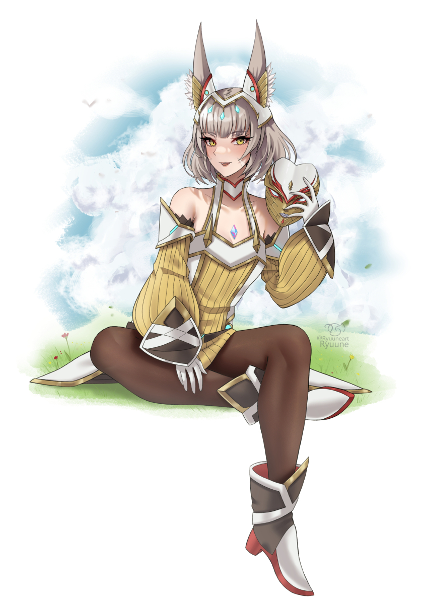 1girl animal_ear_fluff animal_ears armpit_crease artist_name bare_shoulders blue_sky cat_ears cat_girl chest_jewel cloud detached_sleeves eyelashes grey_hair highres holding holding_mask looking_at_viewer mask nia_(xenoblade) on_grass open_mouth outdoors pantyhose ryuuneart short_hair simple_bird sitting sky smile solo twitter_username unworn_mask xenoblade_chronicles_(series) xenoblade_chronicles_3 yellow_eyes