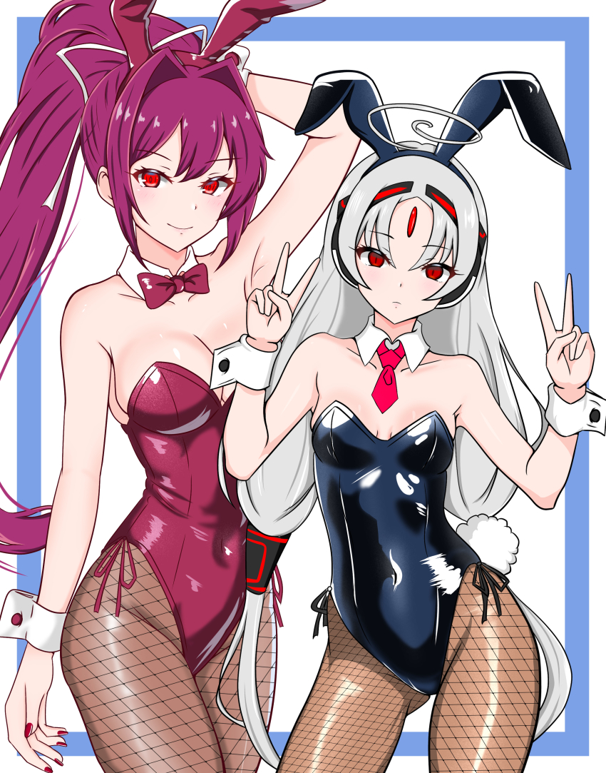 2girls absurdres ahoge animal_ears arm_behind_head bare_shoulders black_leotard bow bowtie breasts cleavage covered_navel cowboy_shot detached_collar double_v facial_mark fake_animal_ears fake_tail fishnets forehead_mark hair_intakes high_ponytail highleg highres large_breasts leotard long_hair multiple_girls necktie pantyhose playboy_bunny purple_bow purple_bowtie purple_eyes purple_hair purple_leotard purple_nails rabbit_ears rabbit_tail red_eyes red_necktie roy_rx side-tie_leotard simple_background small_breasts strapless strapless_leotard tail under_night_in-birth v vatista_(under_night_in-birth) white_background white_hair wrist_cuffs yuzuriha_(under_night_in-birth)