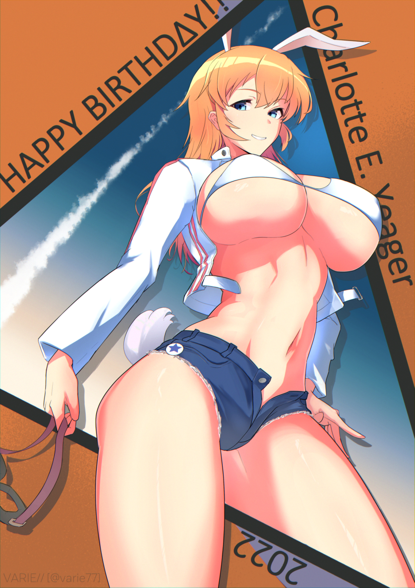 1girl 2022 animal_ears bikini blue_eyes blue_shorts blush breasts character_name charlotte_e._yeager goggles grin hand_on_own_hip happy_birthday highres holding holding_goggles large_breasts long_hair looking_at_viewer navel orange_hair rabbit_ears rabbit_girl rabbit_tail short_shorts shorts smile solo strike_witches swimsuit tail underboob varie7k white_bikini world_witches_series