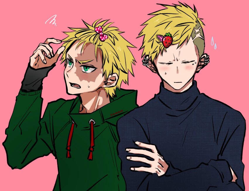 2boys annoyed asymmetrical_hair bangs_pinned_back black_shirt blonde_hair bow brothers burn_scar cheek_piercing closed_eyes closed_mouth commentary dbdbdb39 ear_piercing earrings fingernails food-themed_hair_ornament frown fugo_dressel furrowed_brow green_eyes green_hoodie hair_bow hair_ornament hairclip hand_up highres higyaku_no_noel hood hood_down hoodie hoop_earrings jewelry layered_sleeves long_sleeves looking_at_hand lower_teeth_only male_focus messy_hair multiple_boys multiple_earrings multiple_piercings open_mouth oscar_dressel piercing pink_background pink_bow polka_dot polka_dot_bow scar scar_on_face shirt short_hair siblings sideburns signature simple_background sleeves_past_wrists squiggle strawberry_hair_ornament sweatdrop symbol-only_commentary teeth thick_eyebrows turtleneck turtleneck_shirt upper_body v-shaped_eyebrows