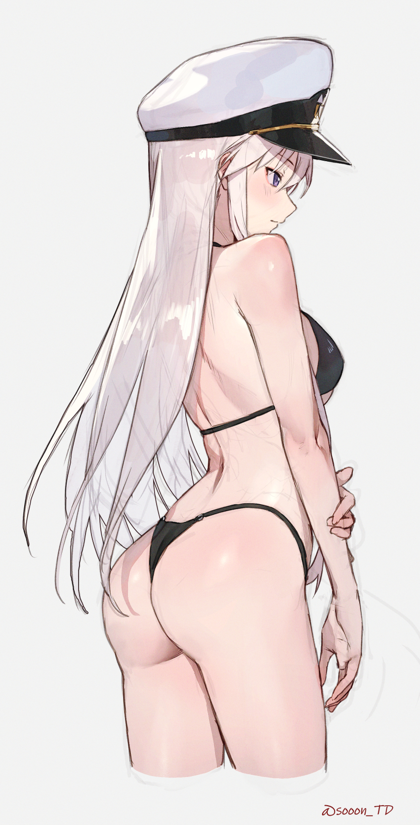 1girl absurdres ass azur_lane bikini black_bikini blush breasts closed_mouth enterprise_(azur_lane) from_behind hat highres large_breasts long_hair purple_eyes simple_background solo sooon swimsuit thighs white_background white_hair white_hat