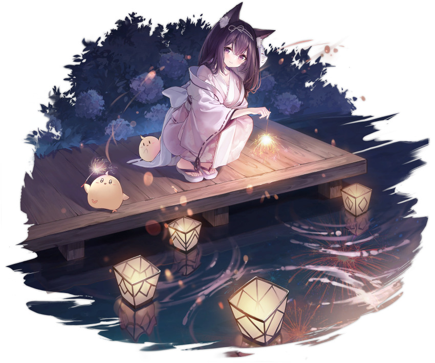 1girl alic_miao animal_ear_fluff animal_ears arashio_(azur_lane) arashio_(the_gentlest_firework)_(azur_lane) arashio_(the_gentlest_firework)_(azur_lane) azur_lane bird breasts cat_ears cat_girl chick closed_eyes fireworks flower fox_mask highres hydrangea japanese_clothes kimono long_hair looking_at_viewer manjuu_(azur_lane) mask mask_on_head official_alternate_costume official_art open_mouth purple_eyes purple_hair senkou_hanabi smile sparkler squatting transparent_background white_kimono yukata