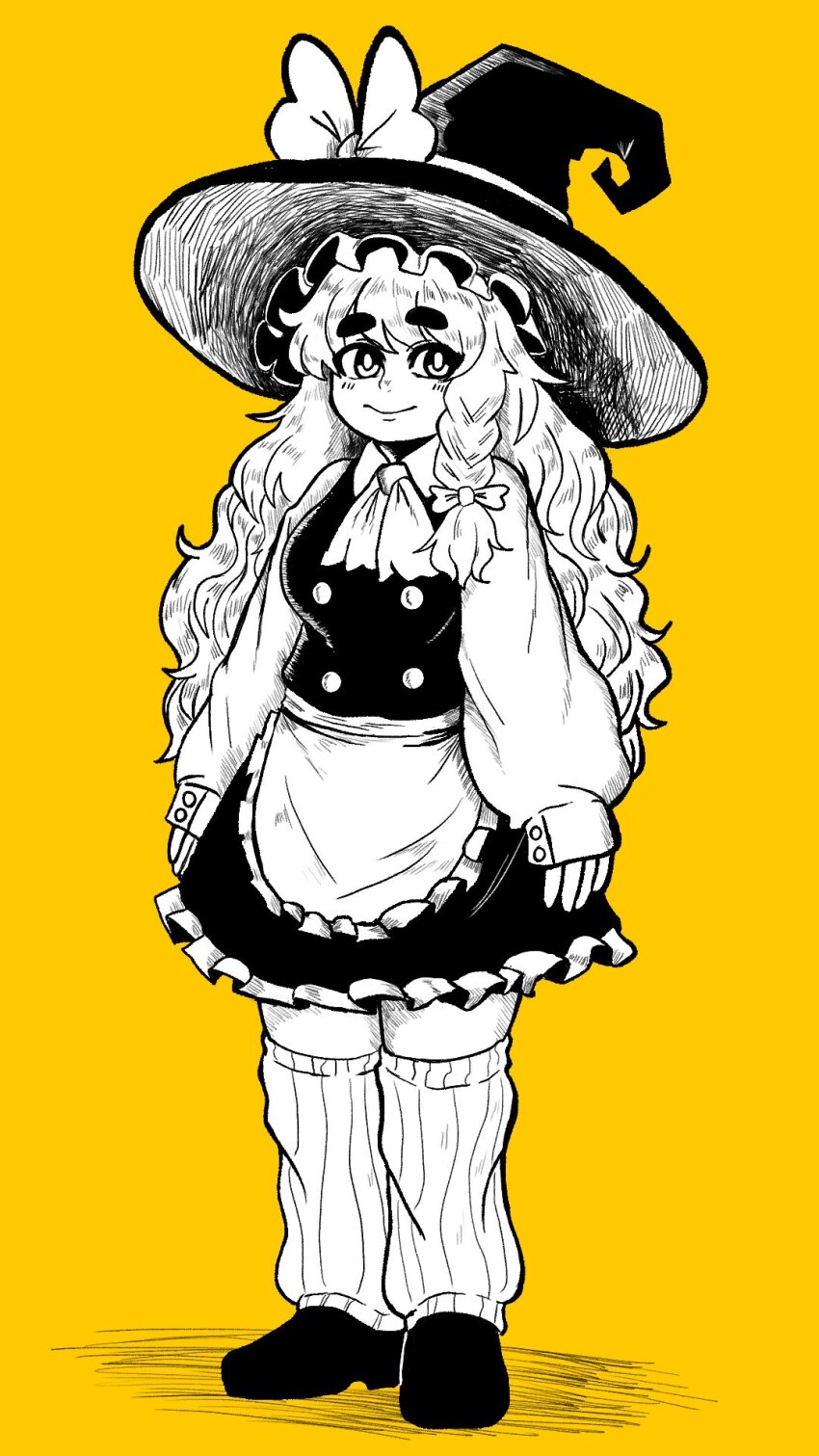 1girl apron arms_at_sides ascot breasts bright_pupils full_body hat highres hikibee kirisame_marisa leg_warmers long_hair looking_at_viewer medium_breasts messy_hair monochrome simple_background smile solo standing swept_bangs thick_eyebrows touhou very_long_hair waist_apron wavy_hair witch_hat yellow_background