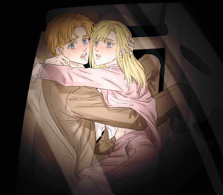 1boy 1girl alternate_costume annie_leonhart aqua_eyes armin_arlert belt black_belt blonde_hair blue_eyes blush brown_jacket brown_pants business_suit collared_jacket couch couple embarrassed formal_clothes from_side hetero highres implied_kiss indoors jacket long_hair long_sleeves looking_at_viewer lying lying_on_person nervous nervous_sweating on_couch on_side open_clothes open_jacket open_mouth pants parted_bangs pink_jacket pink_skirt shingeki_no_kyojin shirt short_hair sitting skirt spotlight stomach suit surprised sweat sweatdrop swept_bangs white_shirt wide-eyed yi_(199702090505)