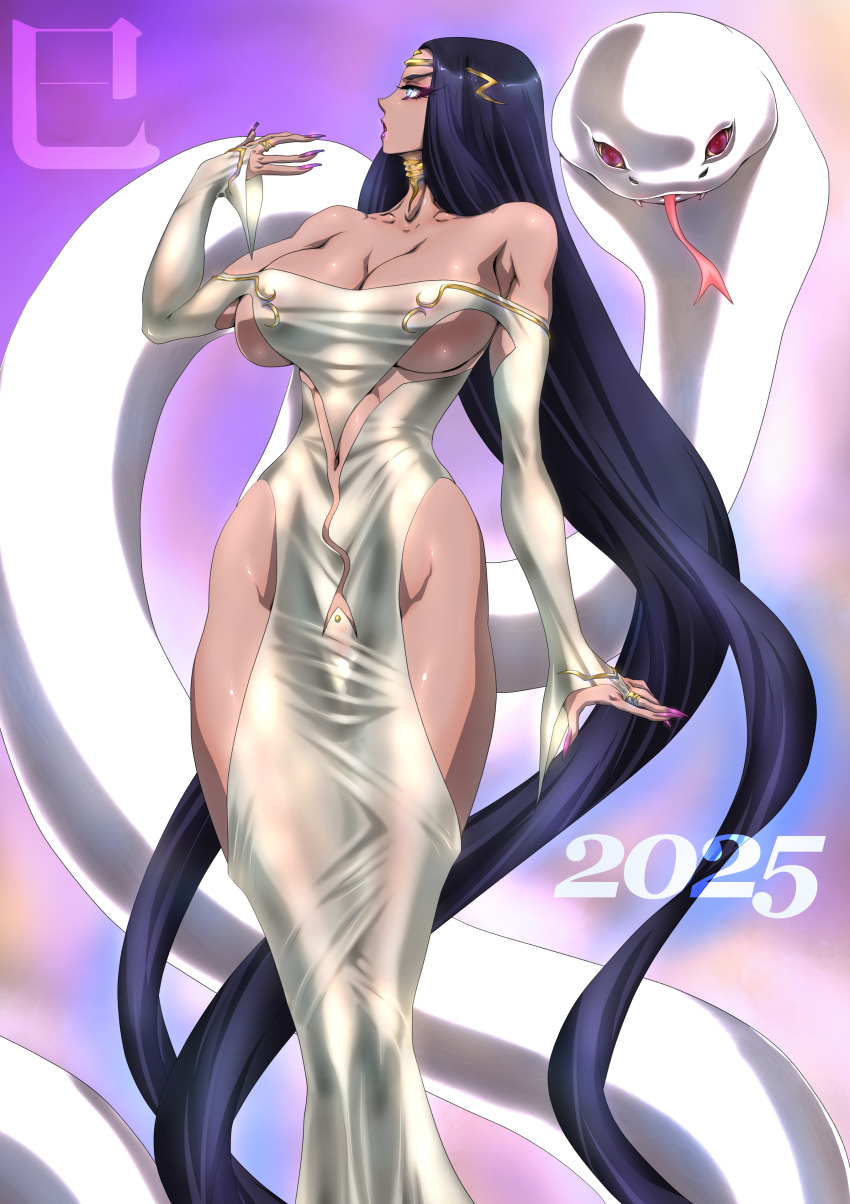 1girl breasts chinese_zodiac dark-skinned_female dark_skin huge_breasts long_hair year_of_the_snake yuri_ai