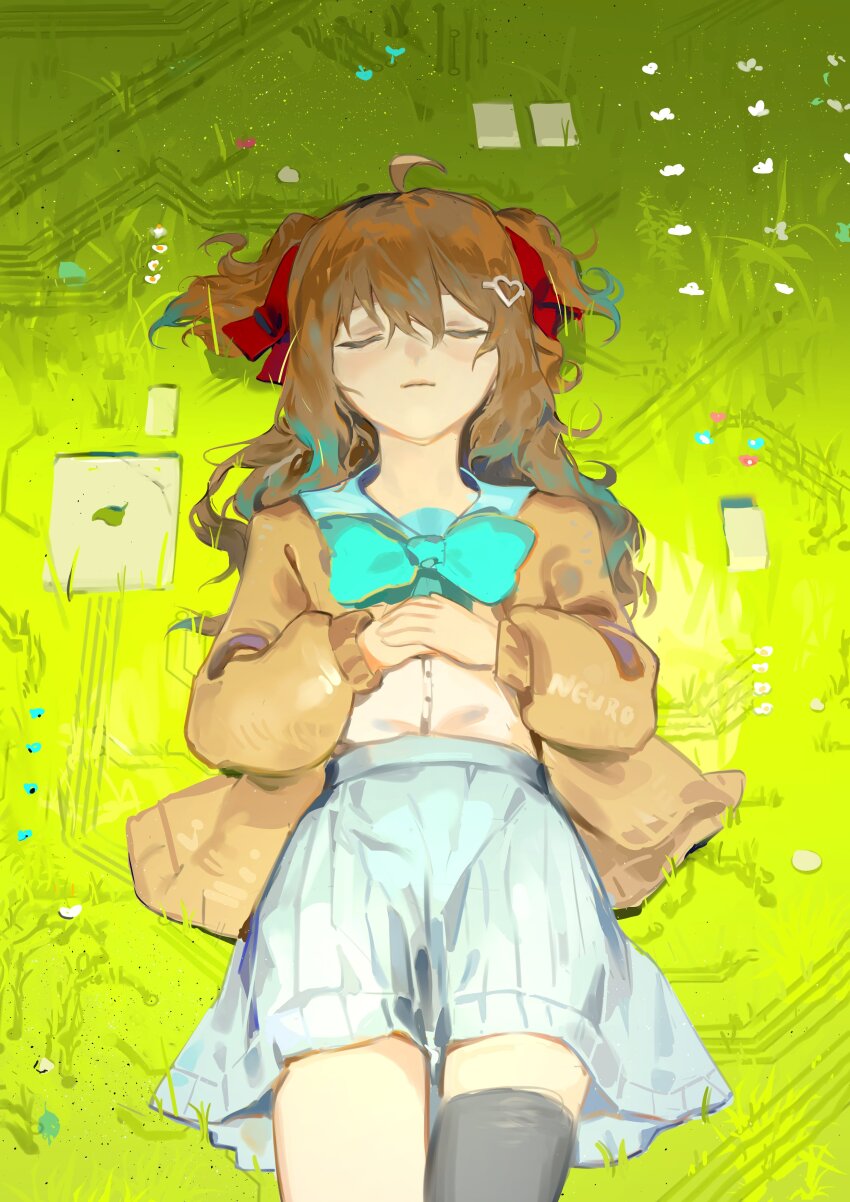 1girl absurdres blue_sky bow bowtie brown_hair buttons closed_eyes closed_mouth commentary cowboy_shot double-breasted english_commentary from_above green_bow green_bowtie hair_ribbon hands_on_own_stomach highres indie_virtual_youtuber long_hair long_sleeves lying motherboard neuro-sama on_back open_clothes pleated_skirt red_ribbon ribbon school_uniform serafuku shirt shirt_tucked_in single_thighhigh skirt sky solo sorenftt thighhighs virtual_youtuber white_shirt yellow_serafuku