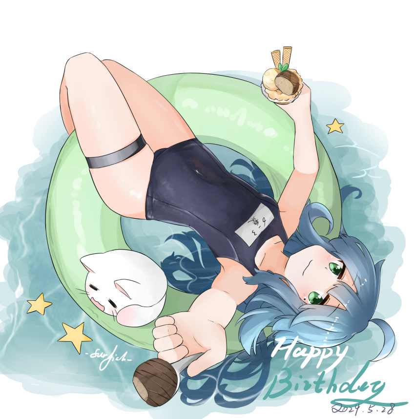 1girl :3 =_= absurdres blob blue_hair blue_one-piece_swimsuit breasts dated food from_above green_eyes happy_birthday highres innertube izumi_konata long_hair looking_at_viewer lucky_star mole mole_under_eye nyamou one-piece_swimsuit reaching reaching_towards_viewer school_swimsuit small_breasts solo sourfish star_(symbol) swim_ring swimsuit thigh_strap thighs