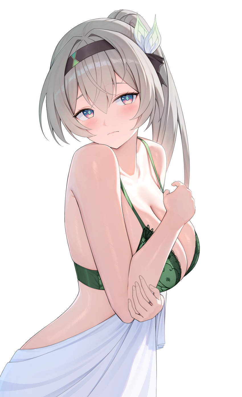 1girl absurdres bare_shoulders black_hairband blue_pupils blush bra breasts cleavage covering_chest covering_privates embarrassed firefly_(honkai:_star_rail) green_bra grey_hair hair_between_eyes hair_intakes hairband highres honkai:_star_rail honkai_(series) large_breasts long_hair looking_at_viewer multicolored_eyes rosumerii side_ponytail simple_background solo two-tone_eyes underwear white_background