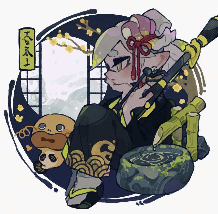 1girl artist_name black_haori closed_mouth expressionless full_body green_hair grey_hair grey_kimono half-closed_eyes hand_on_own_cheek hand_on_own_face haori hero_charger_(splatoon) highres holding holding_weapon inkling japanese_clothes kimono long_sleeves marie_(splatoon) multicolored_hair nintendo official_alternate_costume okobo p0m4_p0m4 platform_sandals pointy_ears print_kimono sandals seigaiha short_hair solo splatoon_(series) splatoon_2 swept_bangs tabi tentacle_hair thick_eyebrows two-tone_hair weapon yellow_eyes zapfish