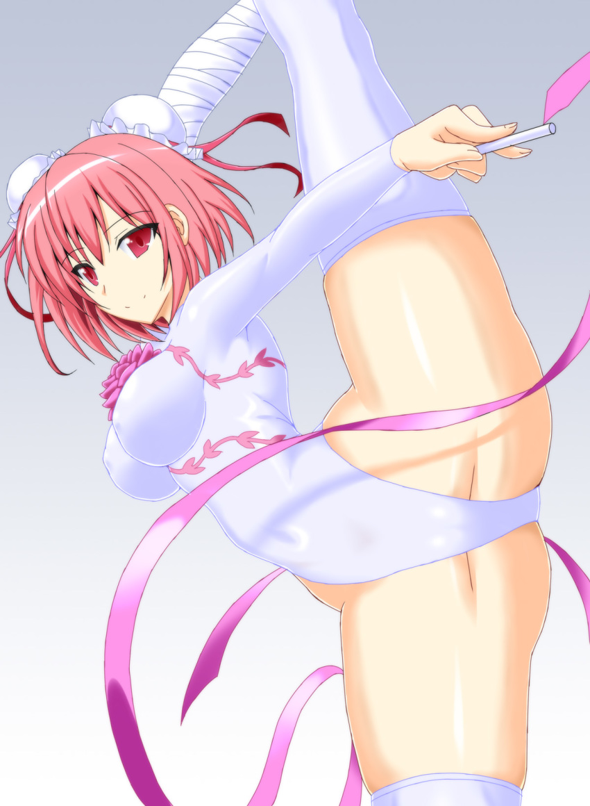 1girl athletic_leotard bandages bandaged_arm bandages breasts bun_cover double_bun covered_erect_nipples flower fuuki_(misty_wind) gymnastics hair_bun highleg highres ibaraki_kasen leotard looking_at_viewer pink_eyes pink_flower pink_hair pink_rose rhythmic_gymnastics ribbon ribbon_baton rose short_hair smile solo touhou