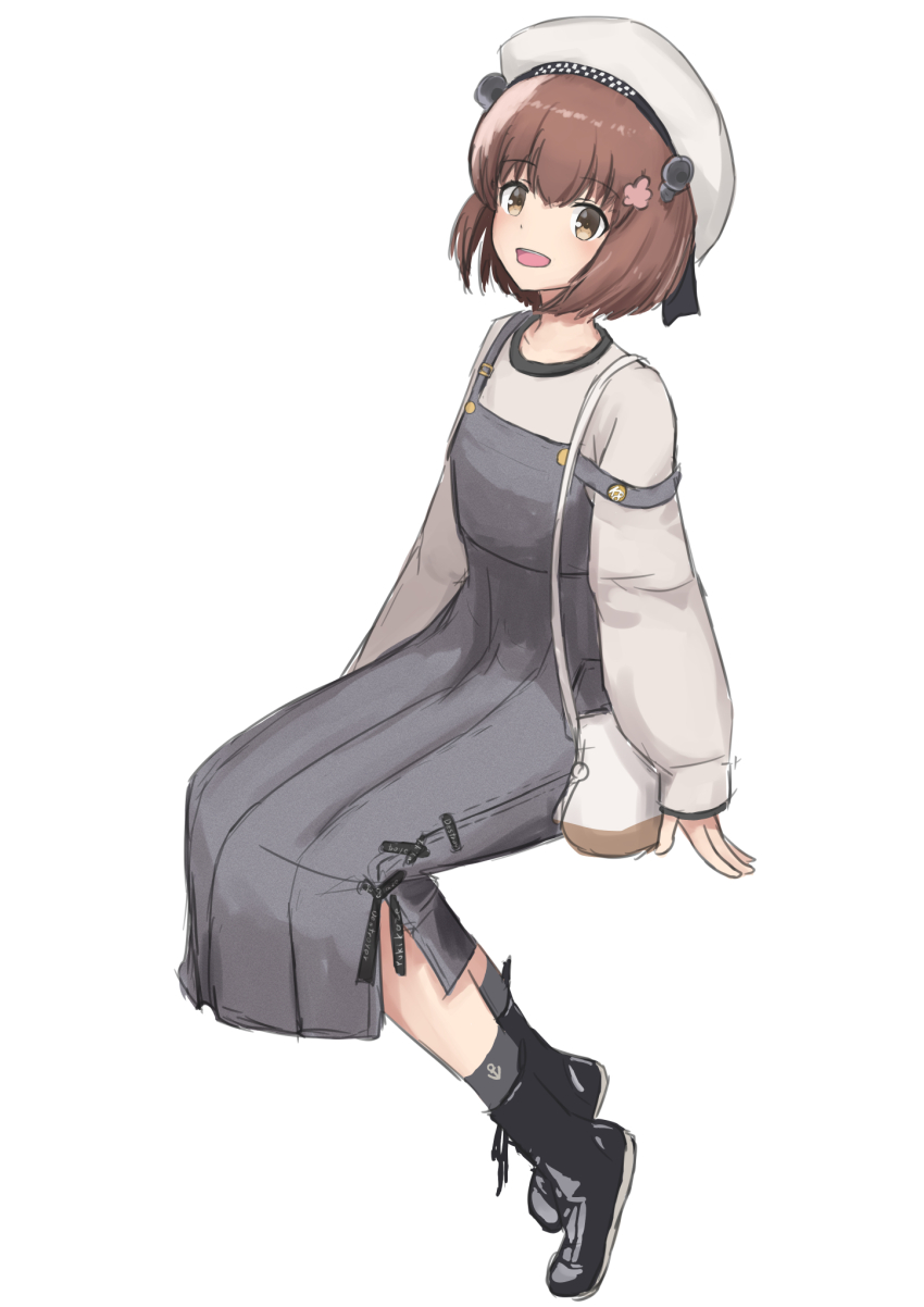 1girl alternate_costume bag beret boots brown_eyes brown_hair dress hat headgear highres kantai_collection long_dress long_sleeves looking_at_viewer official_alternate_hairstyle open_mouth shirt short_hair shoulder_bag sitting sleeveless sleeveless_turtleneck smile solo turtleneck white_shirt yuki_4040 yukikaze_(kancolle) yukikaze_(kure_2024)_(kancolle)