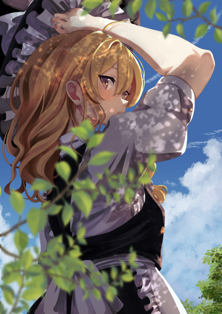 1girl absurdres apron black_hat black_vest blonde_hair branch buttons cloud commentary hand_on_headwear hat highres kirisame_marisa outdoors shirt short_sleeves solo touhou udonnekosan vest waist_apron white_apron white_shirt witch_hat yellow_eyes