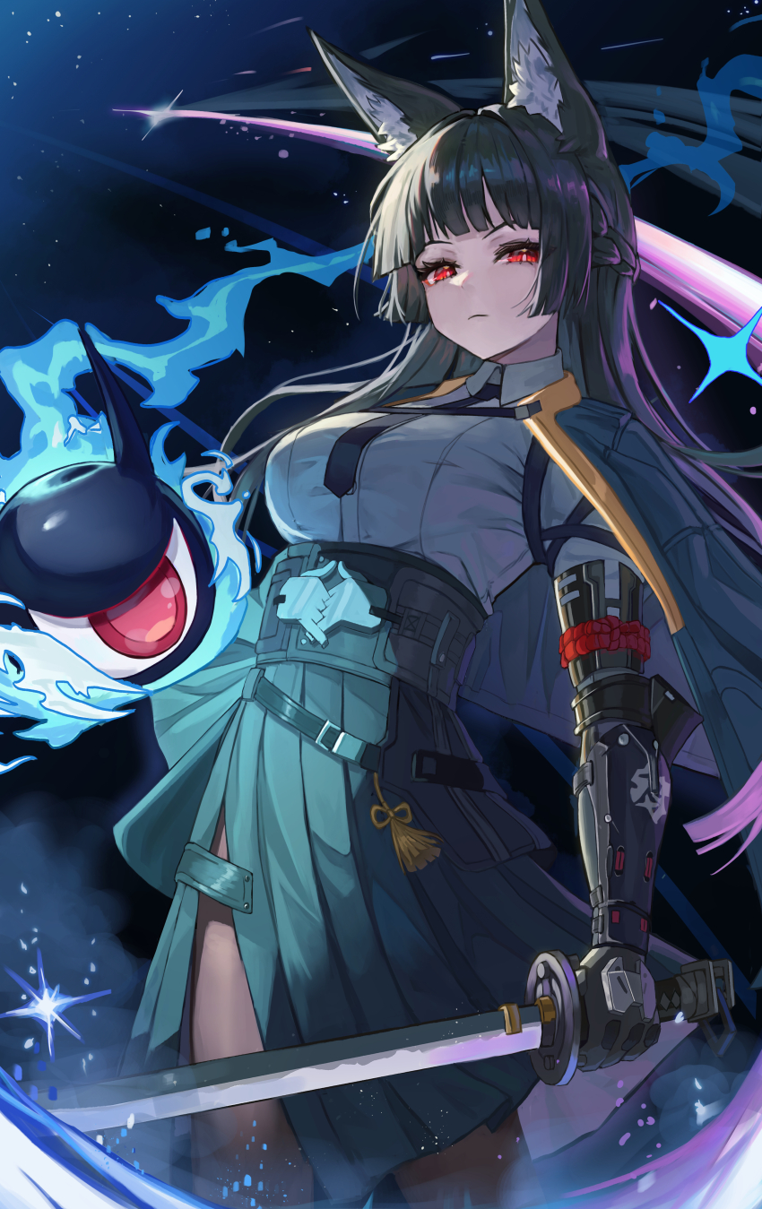 1girl absurdres animal_ear_fluff animal_ears black_necktie black_pantyhose black_skirt blunt_bangs breasts closed_mouth dress_shirt fox_ears fox_girl gauntlets gloves green_jacket high-waist_skirt highres holding holding_sword holding_weapon hoshimi_miyabi jacket katana large_breasts long_hair looking_at_viewer necktie pantyhose pongdo red_eyes serious shirt sidelocks skirt solo sword tailless_(zenless_zone_zero) weapon white_shirt zenless_zone_zero