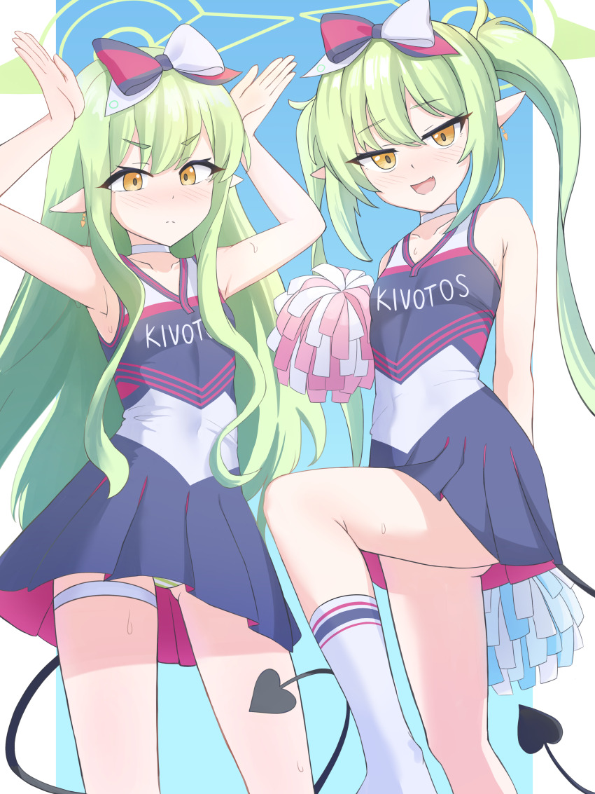 2girls :d absurdres alternate_costume armpits ass blue_archive bow cheerleader choker collarbone commentary demon_girl demon_tail earrings english_commentary floating_earring green_hair hair_between_eyes hair_bow hair_ribbon halo highres hikari_(blue_archive) holding holding_pom_poms jewelry kneehighs long_hair looking_at_viewer multiple_girls myuf nozomi_(blue_archive) open_mouth panties pantyshot pointy_ears pom_pom_(cheerleading) pom_poms ribbon siblings sidelocks simple_background smile socks striped_clothes striped_panties tail thigh_strap twins twintails two-tone_background underwear white_choker white_socks yellow_eyes