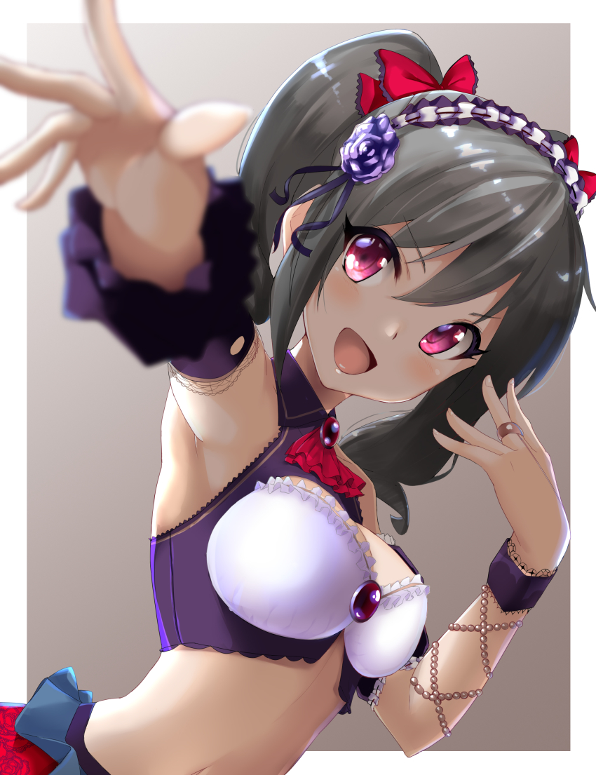 1girl :d absurdres armpits bare_shoulders beads blurry bow breasts brooch cleavage commentary_request crop_top flower foreshortening frills grey_hair hair_bow hand_up headdress highres idolmaster idolmaster_cinderella_girls jewelry kanzaki_ranko kon5283 long_hair looking_at_viewer medium_breasts midriff navel open_mouth outstretched_arm pink_eyes purple_flower purple_shirt red_bow ring rose shirt sidelocks sleeveless sleeveless_shirt smile solo stomach twintails two-tone_background upper_body v-shaped_eyebrows wing_collar wrist_cuffs