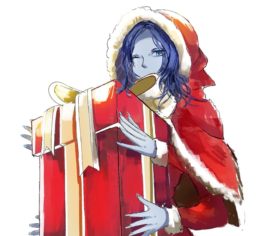 1girl alternate_costume blue_eyes blue_hair box capelet christmas commentary dress elden_ring english_commentary extra_arms fingernails fur-trimmed_capelet fur-trimmed_dress fur_trim gift gift_box highres holding hood hooded_capelet long_hair long_sleeves looking_at_viewer one_eye_closed ranni_the_witch red_capelet red_dress sakku_art simple_background solo wavy_hair white_background