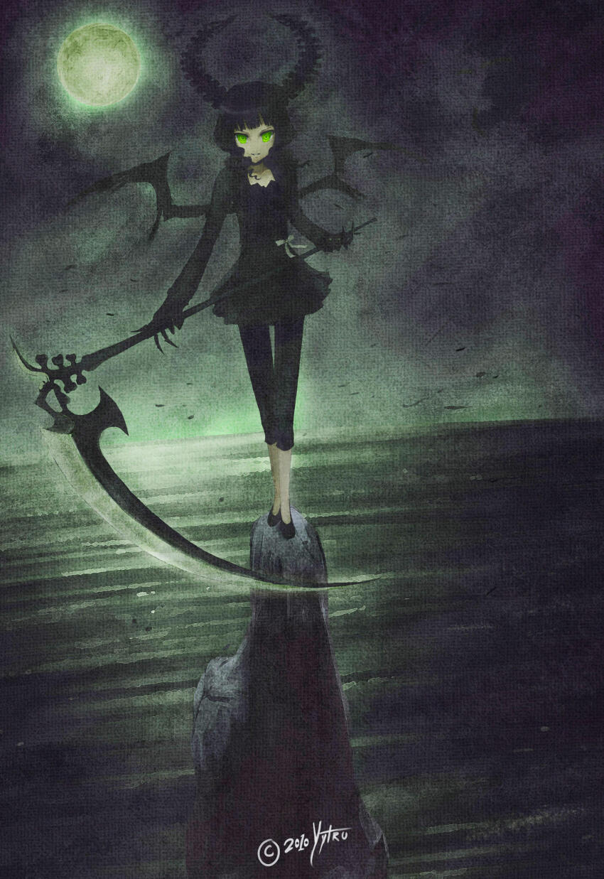 1girl absurdres black_dress black_hair black_horns black_leggings black_rock_shooter dead_master dress green_eyes highres horns leggings medium_hair moon scythe skeletal_hand solo wings yara_kami_meiosei