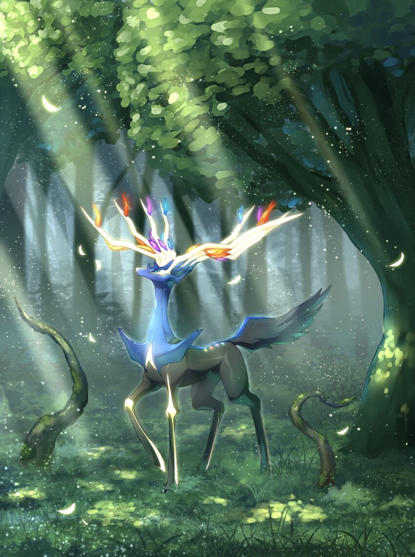 animal_focus antlers black_fur blue_eyes commentary_request creatures_(company) deer falling_leaves forest game_freak gen_6_pokemon highres horns leaf legendary_pokemon nature nintendo no_humans on_grass plant_roots pokemon pokemon_(creature) sunlight tail tapi_bird25 tree xerneas