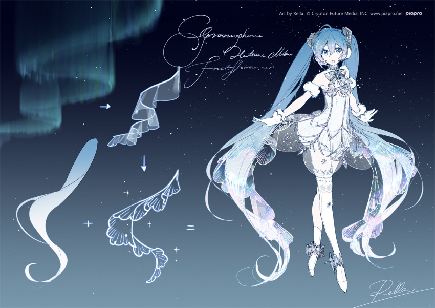 1girl ahoge arm_scrunchie arrow_(symbol) asymmetrical_legwear aurora ballerina ballet_dress ballet_slippers bare_shoulders blue_eyes blue_hair character_name character_sheet commentary concept_art copyright_notice crypton_future_media dress earmuffs from_behind fur-trimmed_gloves fur_trim gloves gramophone_miku hair_ornament hatsune_miku long_hair looking_at_viewer miku_symphony_(vocaloid) miniskirt night night_sky official_art open_mouth piapro pleated_skirt rella see-through_dress_layer signature single_thighhigh skirt skirt_under_dress sky smile snowflake_print snowflakes solo star_(sky) strapless strapless_dress thighhighs twintails very_long_hair vocaloid white_dress white_footwear white_gloves white_hair white_skirt white_thighhighs wide_shot