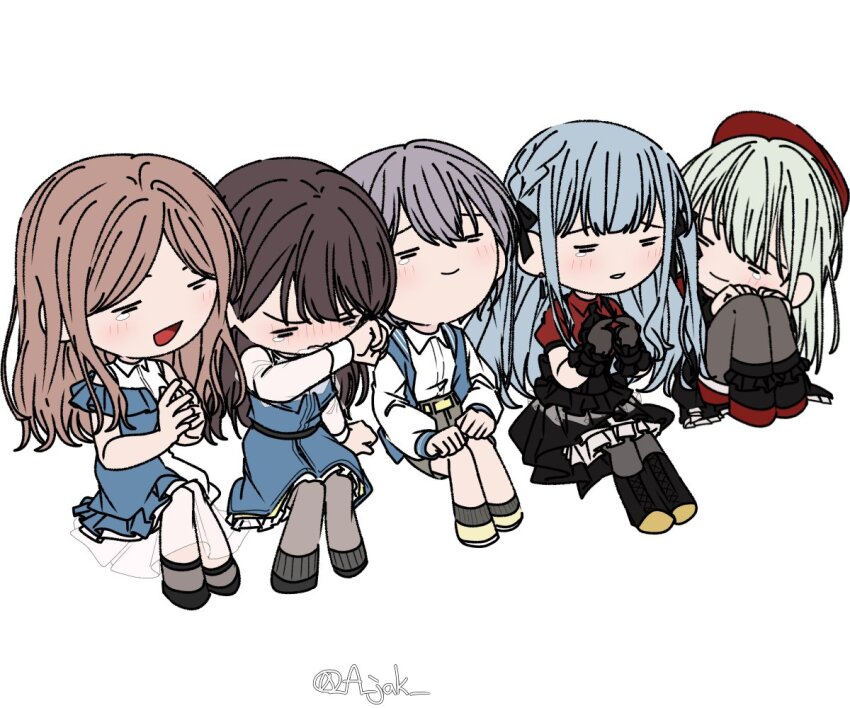 5girls a_jak ascot bang_dream! bang_dream!_it&#039;s_mygo!!!!! beret black_ascot black_footwear black_gloves black_hair black_pantyhose blue_dress blue_hair blue_jacket blush braid brown_hair chibi chibi_only closed_eyes closed_mouth crychic_(bang_dream!) dress gloves green_hair grey_hair grey_skirt hair_ribbon hat jacket long_hair long_sleeves mortis_(bang_dream!) multiple_girls nagasaki_soyo oblivionis_(bang_dream!) open_clothes open_jacket open_mouth pantyhose pantyhose_under_shorts puffy_short_sleeves puffy_sleeves red_footwear red_hat red_shirt red_shorts ribbon shiina_taki shirt short_hair short_sleeves shorts sidelocks simple_background skirt takamatsu_tomori tears togawa_sakiko twitter_username wakaba_mutsumi white_background white_shirt wiping_tears