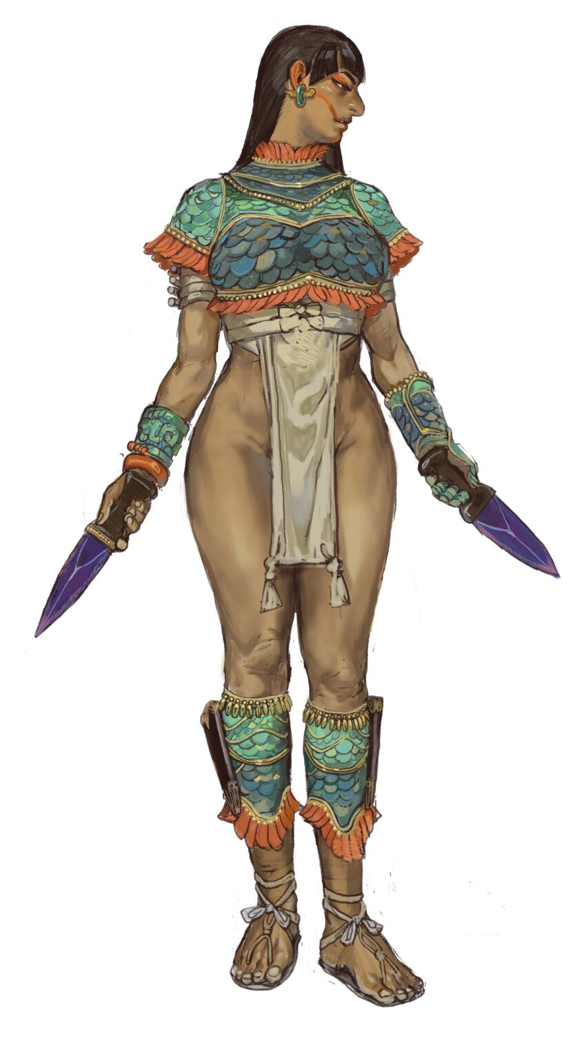 1girl absurdres anklet armlet aztec black_hair blue_shirt breasts dagger dark-skinned_female dark_skin dual_wielding ear_piercing facial_tattoo highres holding holding_dagger holding_knife holding_weapon jewelry knife large_breasts loincloth long_hair mossacannibalis muscular muscular_female no_panties original piercing sandals shirt tattoo thick_thighs thighs turquoise_(gemstone) weapon