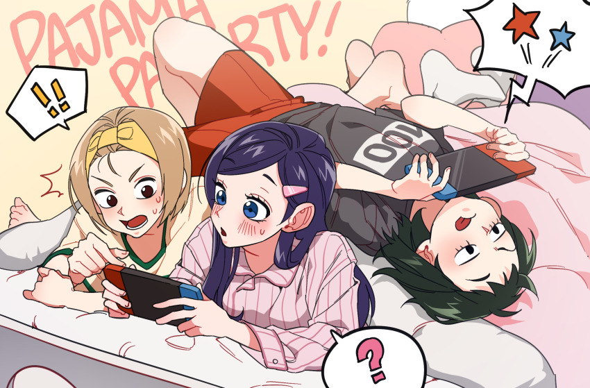 ! 3girls ? blue_eyes brown_eyes brown_hair character_request commentary_request flat_chest green_hair grey_shirt hair_ornament hairclip handheld_game_console highres holding holding_handheld_game_console korean_commentary mob_psycho_100 multiple_girls nintendo_switch pajamas pink_pajamas playing_games purple_hair shirt socks spoken_exclamation_mark spoken_question_mark sweat taejo_(taejo68) takane_tsubomi tongue tongue_out v-shaped_eyebrows white_socks yellow_shirt