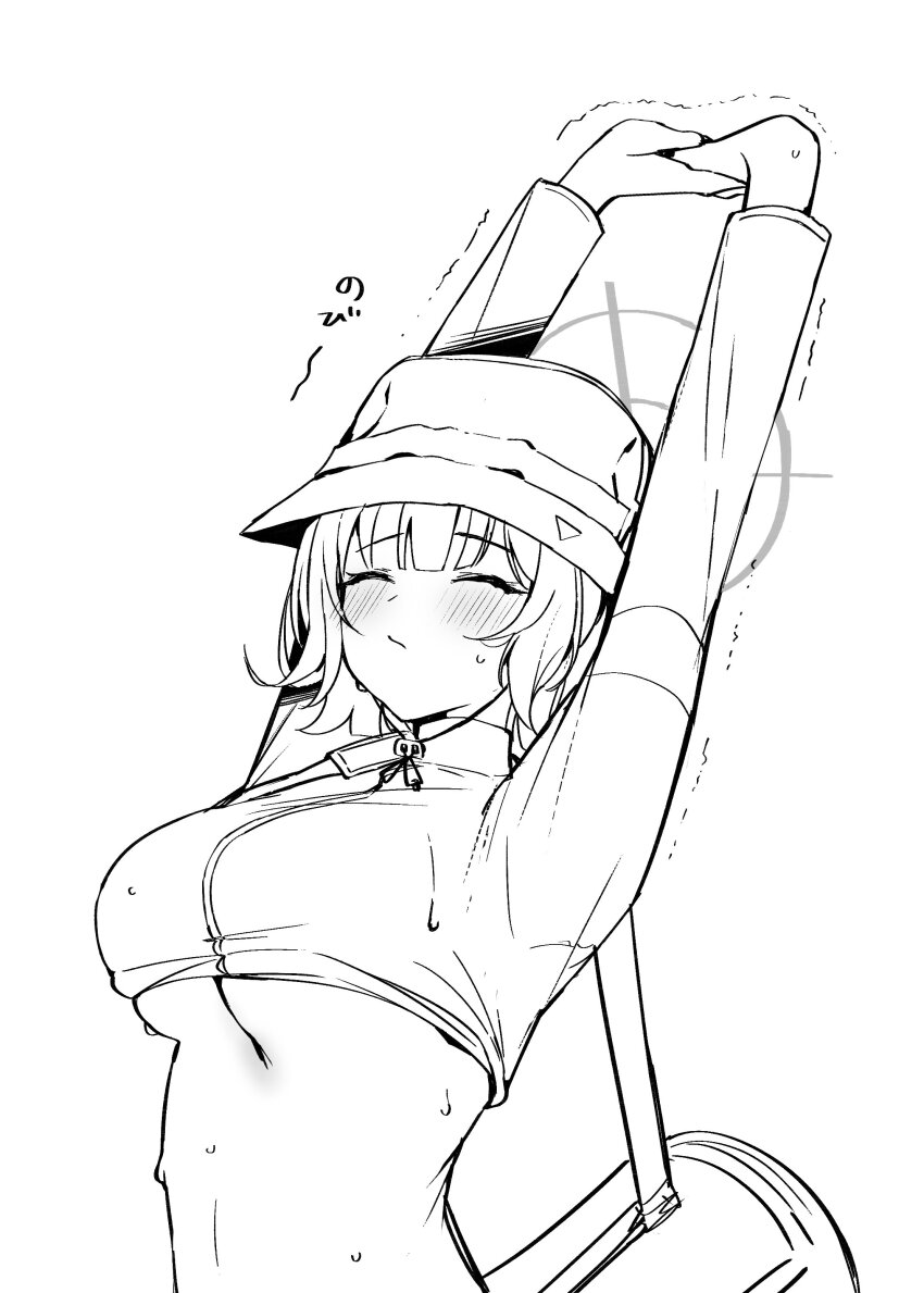 1girl absurdres arms_up bag blue_archive blush breasts bucket_hat cleavage closed_mouth greyscale halo hat highres large_breasts midriff monochrome putama saki_(blue_archive) saki_(swimsuit)_(blue_archive) short_hair simple_background solo stretching underboob upper_body