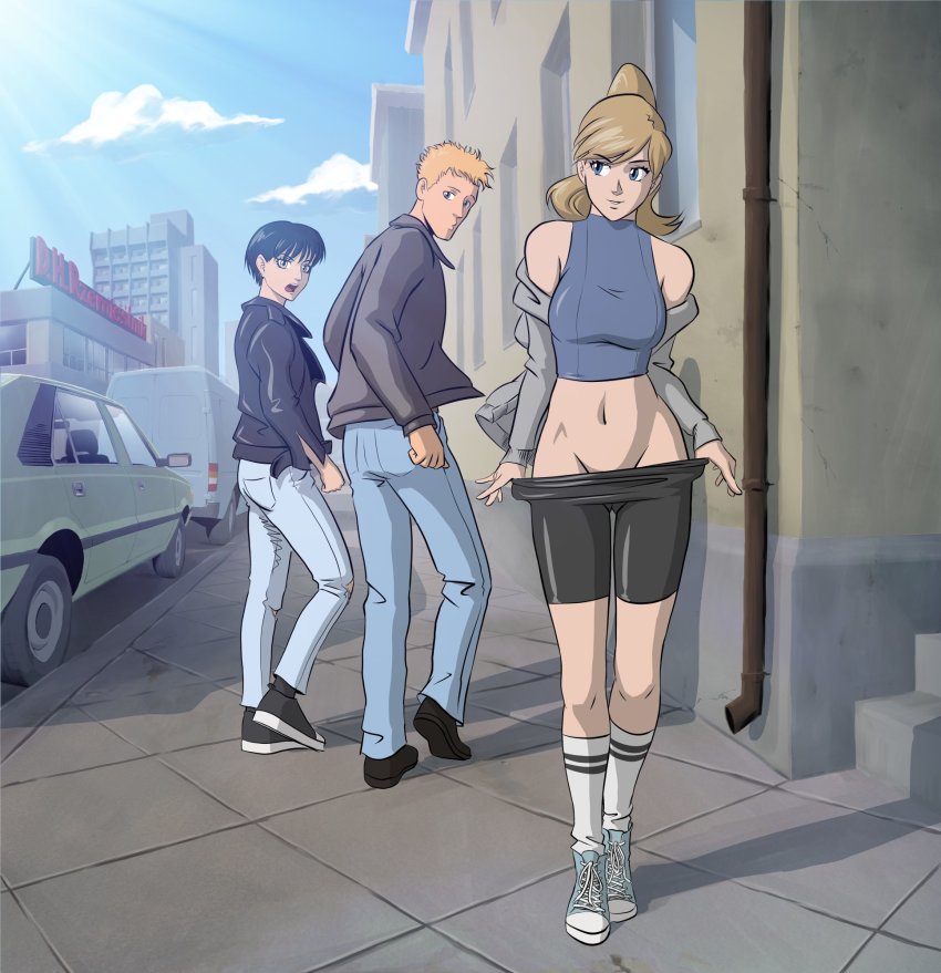 1boy 2girls angela_(doodlepoodle) bike_shorts bike_shorts_pull black_hair blonde_hair blue_eyes building car clothes_pull cloud cloudy_sky coat denim distracted_boyfriend_(meme) doodlepoodle drainpipe exhibitionism female_pervert halterneck high_ponytail highres jacket jeans jitome long_hair looking_at_another looking_to_the_side meme midriff motor_vehicle multiple_girls navel nude original outdoors pants pervert ponytail public_indecency road shoes short_hair shorts sidewalk sky sneakers socks stairs standing street tareme teasing window