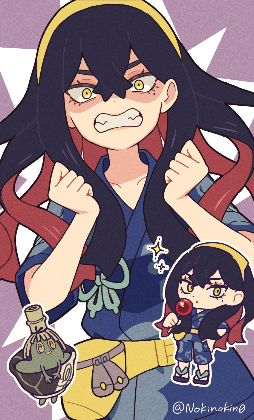 1girl absurdres black_hair blue_shirt blue_shorts carmine_(pokemon) chibi clenched_hands clenched_teeth commentary_request creatures_(company) crossed_bangs eyelashes fanny_pack game_freak hair_between_eyes hands_up highres long_hair looking_at_viewer mole mole_under_eye multicolored_hair nintendo nokino_(nokinokin0) pokemon pokemon_sv red_hair shirt short_sleeves shorts sinistcha sparkle teeth two-tone_hair yellow_bag yellow_eyes zipper_pull_tab