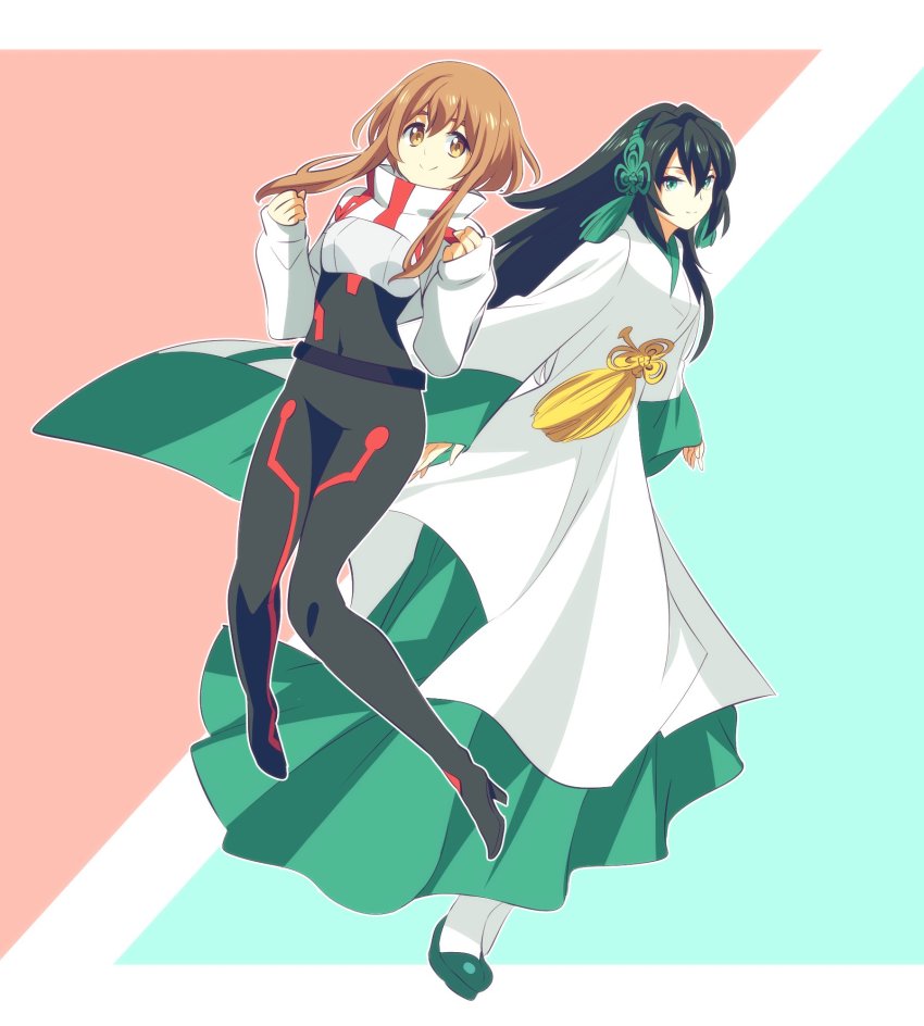 2girls black_bodysuit bodysuit breasts brown_eyes clenched_hands cosplay costume_switch eyebrows_hidden_by_hair green_eyes green_footwear gundam gundam_build_divers gundam_build_divers_re:rise hair_between_eyes high_heels highres ishiyumi japanese_clothes kimono long_hair looking_back may_(gundam_build_divers_re:rise) may_(gundam_build_divers_re:rise)_(cosplay) medium_breasts mukai_hinata mukai_hinata_(cosplay) multiple_girls short_hair_with_long_locks shrug_(clothing) smile very_long_hair wide_sleeves