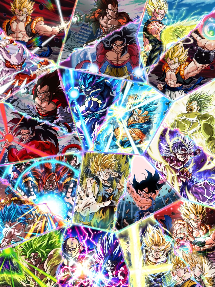 abs absurdres aura black_hair body_fur broly_(dragon_ball_super) dougi dragon_ball dragon_ball_gt dragon_ball_super dragon_ball_super_broly dragon_ball_z_dokkan_battle dragonball_z earrings gloves gogeta gohan_beast highres hiro_(udkod1ezlyi2flo) jewelry looking_at_viewer male_focus metamoran_vest monkey_boy monkey_tail multiple_boys muscular muscular_male pants pectorals piccolo potara_earrings red_fur saiyan smile son_gohan son_goku spiked_hair super_saiyan super_saiyan_4 tail vegeta vegetto yellow_aura