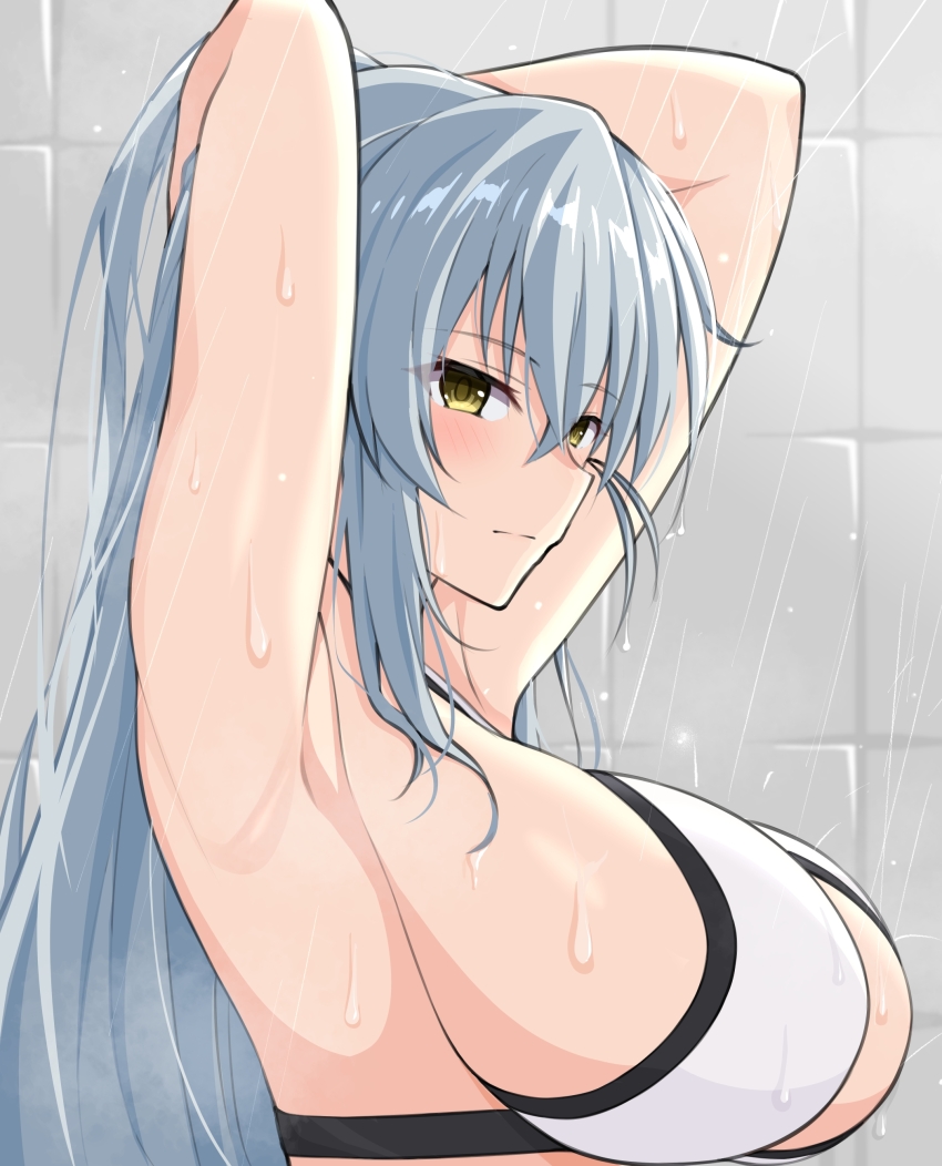 1girl absurdres armpits arms_behind_head arms_up bikini blush breasts closed_mouth commentary_request highres kitora_mirja large_breasts long_hair looking_at_viewer maruta_(denmasked) presenting_armpit sideboob solo swimsuit toji_no_miko upper_body variant_set wet white_bikini yellow_eyes