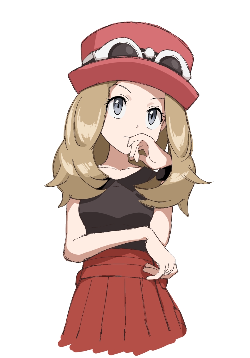 1girl breasts brown_hair collared_shirt commentary_request creatures_(company) eyewear_on_headwear game_freak grey_eyes hat high-waist_skirt highres koniko_(525lj) long_hair mega_ring nintendo pink_hat pokemon pokemon_xy red_skirt serena_(pokemon) shirt simple_background skirt sleeveless sleeveless_shirt solo sunglasses white-framed_eyewear white_background