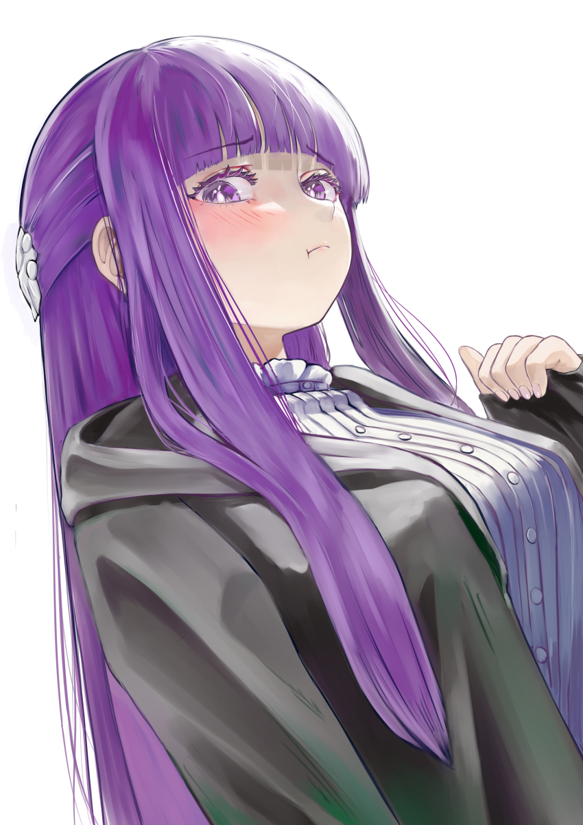 1girl :t absurdres black_coat blunt_bangs blush breasts buttons closed_mouth coat dress fern_(sousou_no_frieren) highres hood hood_down hxk4_n large_breasts long_sidelocks long_sleeves looking_at_viewer purple_eyes purple_hair purple_pupils sidelocks simple_background solo sousou_no_frieren straight_hair white_background white_dress