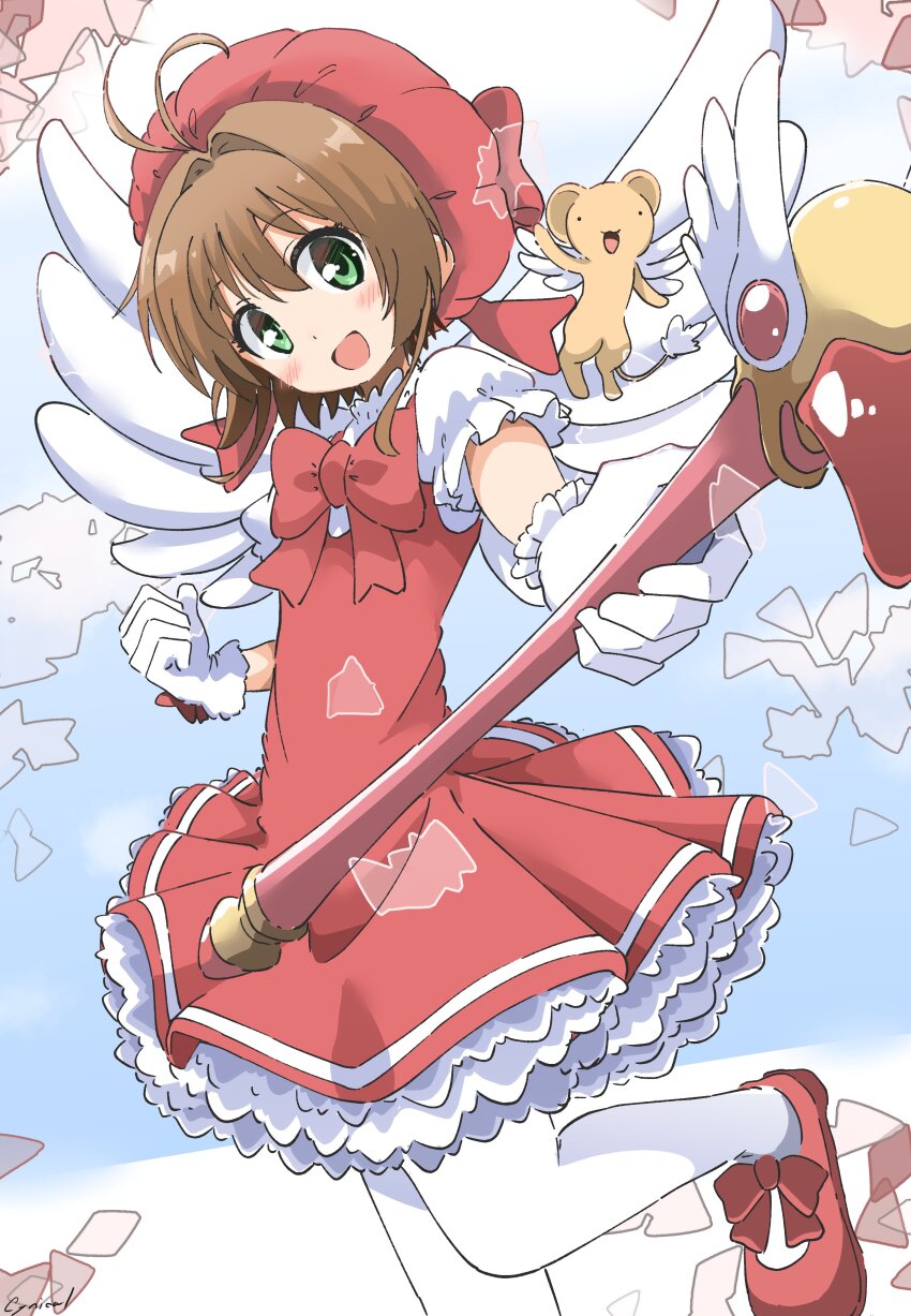 1girl 1other :d absurdres angel_wings antenna_hair arm_up beret blush bow brown_hair cardcaptor_sakura child clenched_hand collar cynical_(llcbluckg_c004) dress flying_animal foreshortening frilled_collar frilled_gloves frilled_sleeves frills gloves green_eyes hat highres holding holding_wand kero_(cardcaptor_sakura) kinomoto_sakura kinomoto_sakura_(magic_dream_costume) leg_up legs looking_at_viewer open_mouth petticoat puffy_short_sleeves puffy_sleeves red_bow red_footwear red_hat short_sleeves sidelocks smile tail three_quarter_view wand white_gloves wings