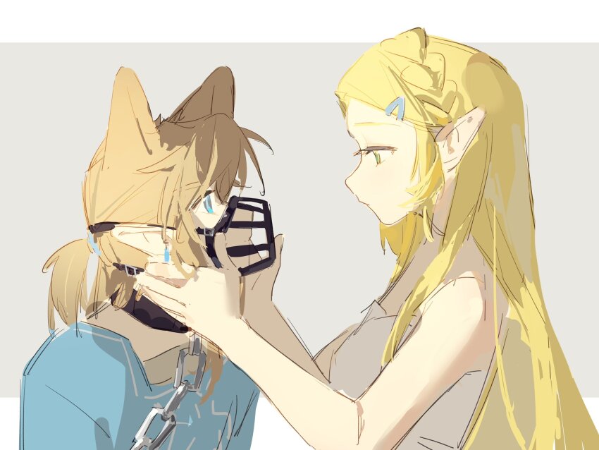 1boy 1girl animal_ears bare_arms bare_shoulders black_collar blonde_hair blue_eyes blue_tunic border braid chain chain_leash champion&#039;s_tunic_(zelda) collar commentary crown_braid dog_boy dog_ears dress extra_ears eye_contact from_side green_eyes grey_background hands_on_another&#039;s_cheeks hands_on_another&#039;s_face highres kemonomimi_mode leash letterboxed link long_hair looking_at_another muzzle_(mask) nintendo one-hour_drawing_challenge outside_border pointy_ears princess_zelda short_hair short_ponytail sketch strapless strapless_dress the_legend_of_zelda the_legend_of_zelda:_breath_of_the_wild tunic upper_body white_border white_dress yumiyumo3o