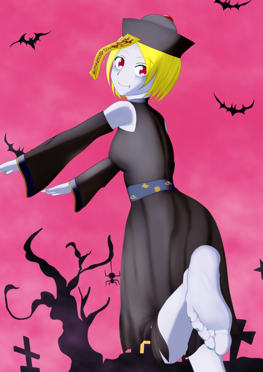 1girl barefoot bat_(animal) blonde_hair colored_skin feet grey_skin halloween highres jiangshi looking_at_viewer medium_hair original outstretched_arms red_eyes rumase smile soles toes zombie_pose