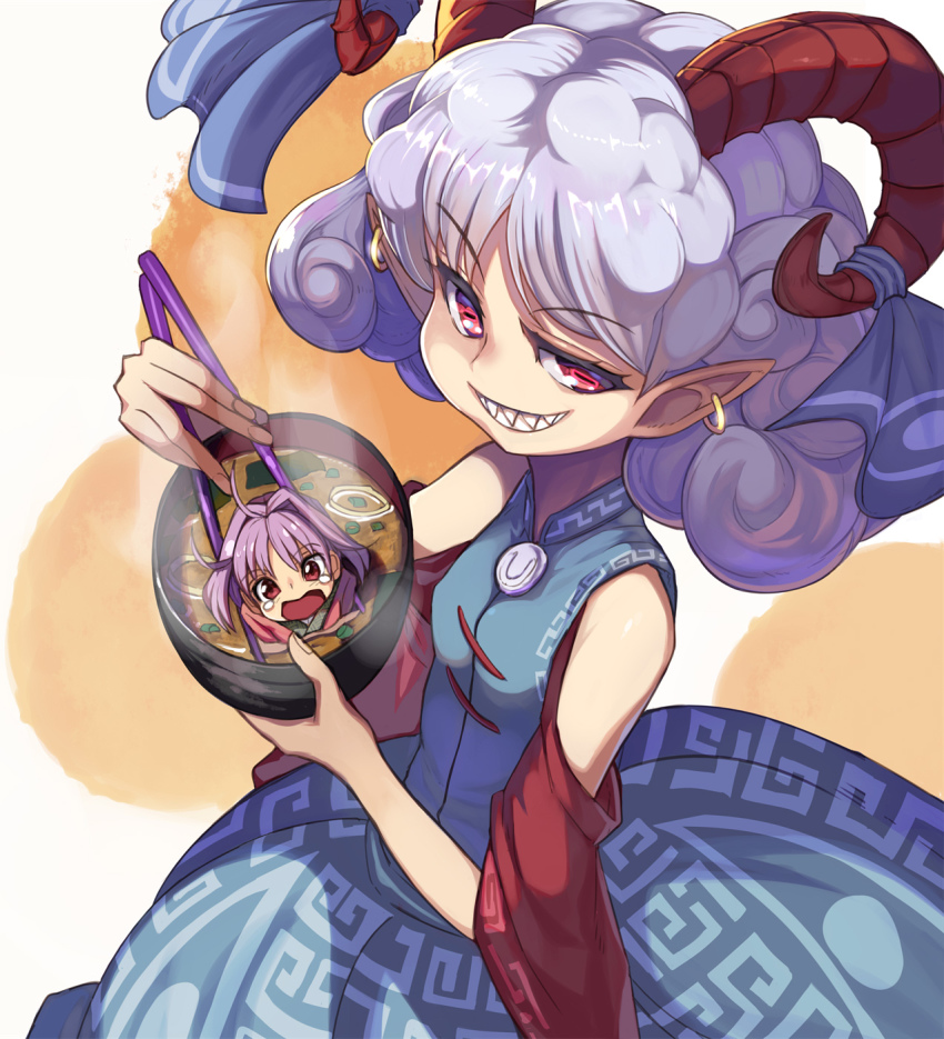 2girls bare_shoulders blue_dress bow bowl brown_eyes chopsticks detached_sleeves dress earrings grin highres holding holding_bowl holding_chopsticks horn_bow horn_ornament horns jewelry meandros miso_soup multiple_girls open_mouth pointy_ears purple_hair red_bow red_eyes red_horns red_sleeves sharp_teeth sheep_horns short_hair smile sukuna_shinmyoumaru syope tears teeth touhou toutetsu_yuuma white_hair