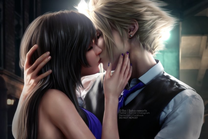 1boy 1girl 3d backless_dress backless_outfit black_hair blonde_hair blue_dress blue_nails blue_necktie blurry blurry_background breasts closed_eyes cloud_strife couple date dress earrings final_fantasy final_fantasy_vii final_fantasy_vii_remake formal_clothes hand_on_another&#039;s_face hand_on_another&#039;s_head hetero jewelry kiss large_breasts long_hair nail_polish necktie official_alternate_costume red_lips ria-neearts sleeveless sleeveless_dress spiked_hair square_enix tifa_lockhart tifa_lockhart_(refined_dress) upper_body wall_market