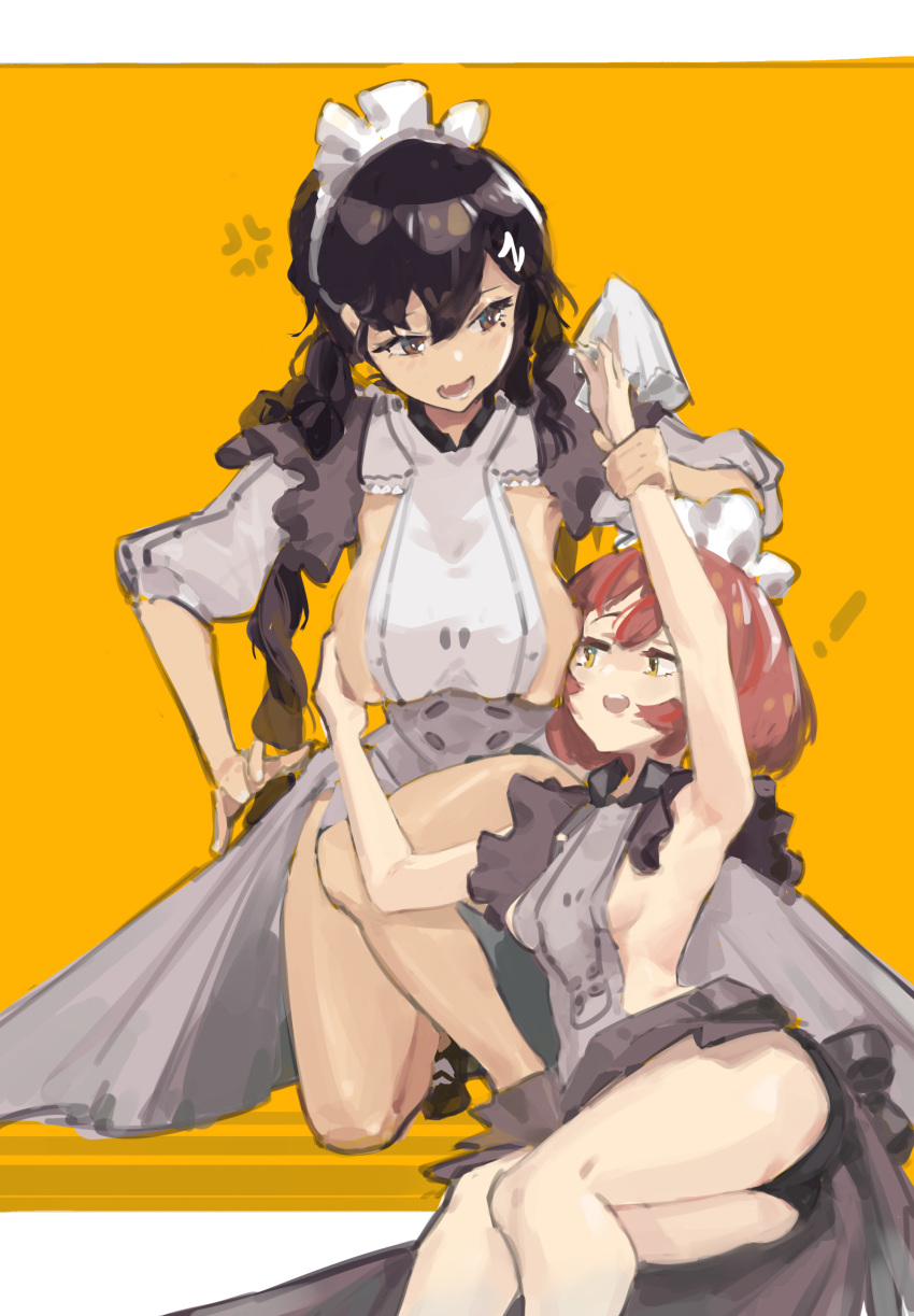 ! 2girls absurdres anger_vein apron armpits bare_arms bare_legs black_hair breasts brown_eyes chinese_commentary commentary_request grabbing_another&#039;s_breast grey_apron grey_skirt groping hair_ornament hairclip highres holding_another&#039;s_arm kneeling large_breasts long_hair maid maid_apron maid_headdress mole mole_under_eye multiple_girls naked_apron open_mouth orange_background original pink_hair revealing_clothes short_hair sideboob simple_background skirt small_breasts zygocactus