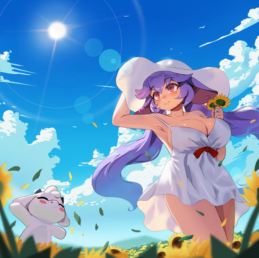 1girl absurdres animal_ears arm_behind_head armpits breasts closed_mouth cloud collarbone cow_ears cow_girl cow_horns dress earrings flower hat highres holding holding_flower horns horns_through_headwear indie_virtual_youtuber jewelry knightfang long_hair meadow pink_eyes purple_hair second-party_source sky smile succuguts_(vtuber) sun sunflower virtual_youtuber white_dress white_hat