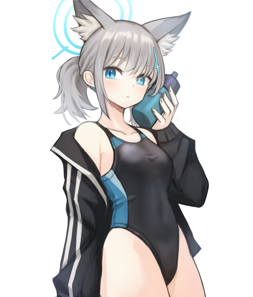 1girl absurdres animal_ear_fluff animal_ears black_jacket black_one-piece_swimsuit blue_archive blue_eyes bottle breasts competition_swimsuit covered_navel cowboy_shot cross_hair_ornament extra_ears grey_hair hair_ornament halo highleg highleg_one-piece_swimsuit highres jacket looking_at_viewer low_ponytail medium_breasts medium_hair mismatched_pupils multicolored_clothes multicolored_swimsuit one-piece_swimsuit open_clothes open_jacket shiroko_(blue_archive) shiroko_(swimsuit)_(blue_archive) solo sookmo swimsuit water_bottle