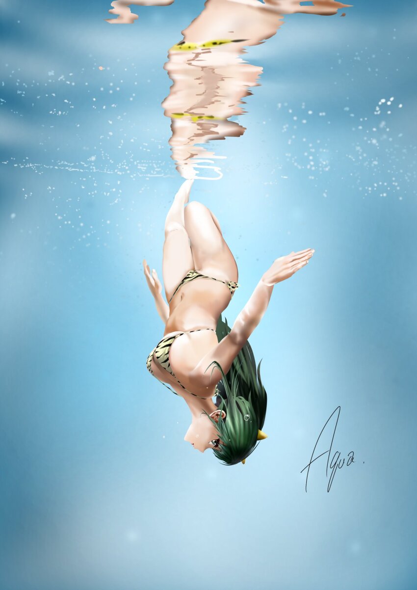 1girl animal_print bikini cone_horns floating full_body green_hair highres horns kazuki_(aquariumseen) long_hair lum navel print_bikini reflection signature solo swimsuit tiger_print underwater urusei_yatsura