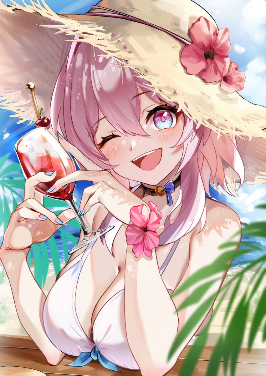 1girl absurdres bare_shoulders bikini black_choker blue_eyes blue_nails blue_sky breasts cherry choker cup cupping_glass day flower food fruit hat hat_flower head_tilt highres holding holding_cup honkai:_star_rail honkai_(series) large_breasts march_7th_(honkai:_star_rail) nail_polish outdoors pink_flower pink_hair purple_eyes sky solo sun_hat swimsuit two-tone_eyes upper_body white_bikini zawzawa