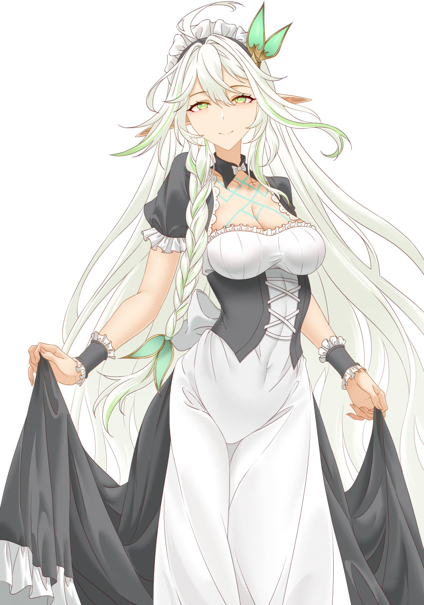 1girl absurdres ahoge alternate_costume apron black_sleeve_cuffs braid breasts cleavage cleavage_cutout clothing_cutout covered_navel cowboy_shot enmaided eyelashes genshin_impact green_eyes green_hair hair_between_eyes hair_ornament highres holding_apron innoarukugyou long_hair looking_at_viewer maid maid_apron maid_headdress multicolored_hair pointy_ears rukkhadevata_(genshin_impact) side_braid single_braid sleeve_cuffs smile solo symbol-shaped_pupils two-tone_hair very_long_hair white_apron white_background white_hair