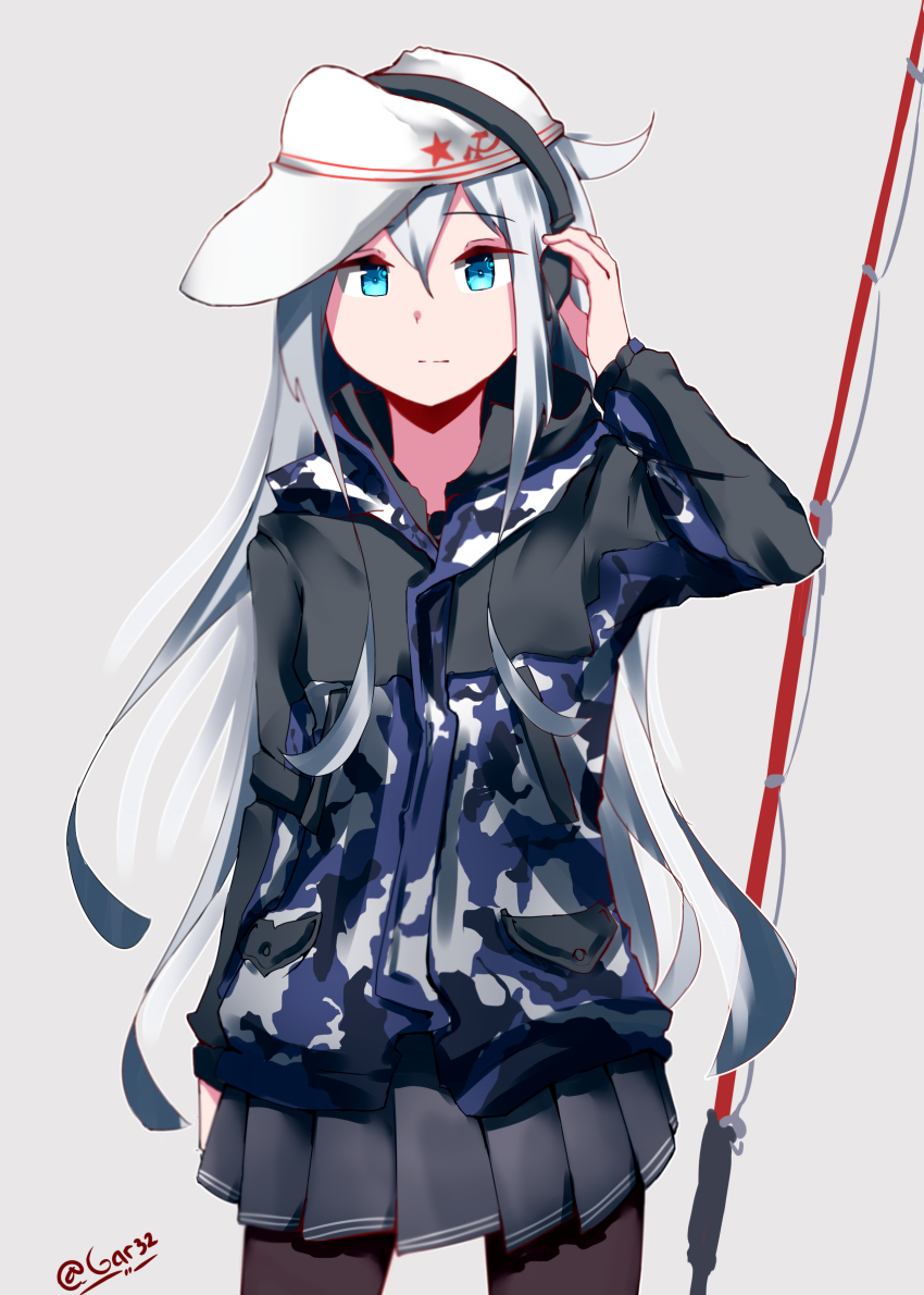 absurdres artist_name black_pantyhose blue_eyes camouflage fishing_rod gar32 grey_background hat hibiki_(kancolle) highres hood hoodie kantai_collection long_hair miniskirt pantyhose skirt solo twitter_username verniy_(kancolle) very_long_hair white_hair white_hat